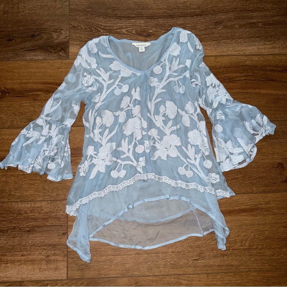 NWOT 100% Silk Sundance Embroidered Light Blue White Bell Sleeves Size XS - Picture 5 of 5